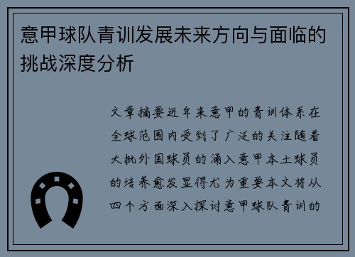 意甲球队青训发展未来方向与面临的挑战深度分析 意甲球队青训发展未来方向与面临的挑战深度分析