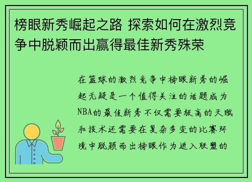 榜眼新秀崛起之路 探索如何在激烈竞争中脱颖而出赢得最佳新秀殊荣