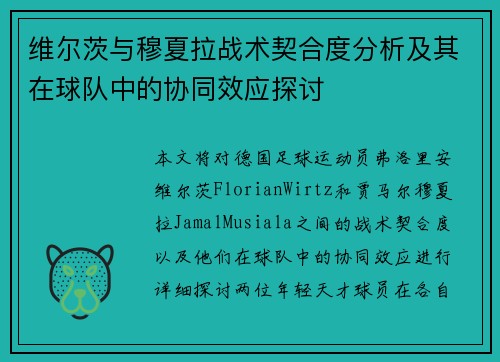 维尔茨与穆夏拉战术契合度分析及其在球队中的协同效应探讨